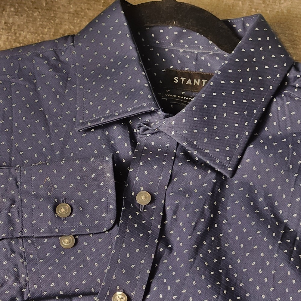 Stantt Dress Shirt Mens Cooper Navy Blue White Paisley Cotton Button Down Excell